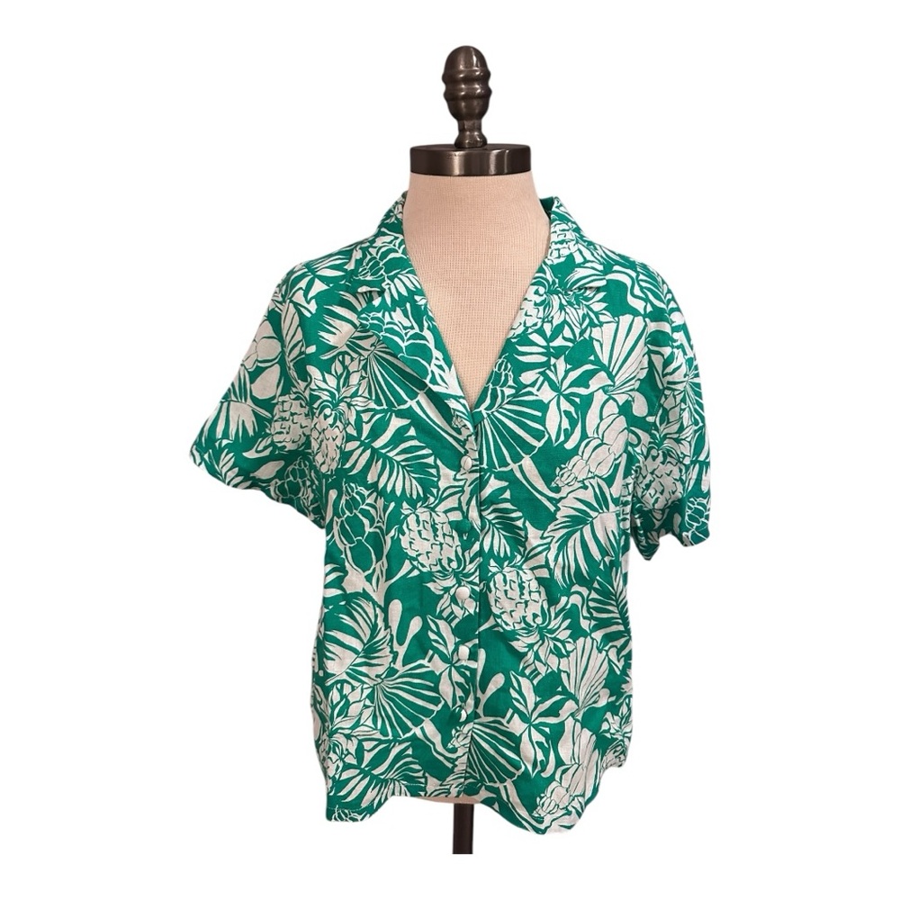 100% Linen Nicole Miller Green and White Blouse Size Medium M